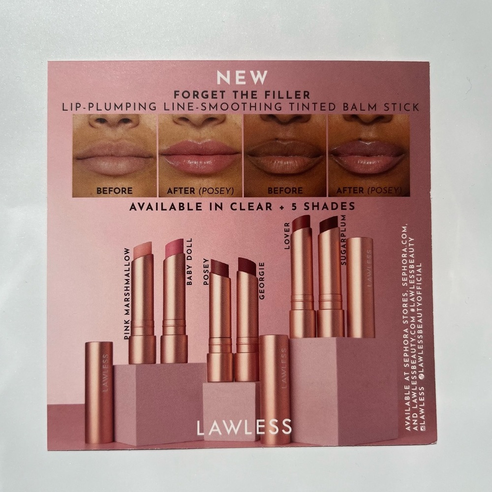 4/$12 Lawless Forget The Filler Lip Tinted Lip Balm Stick Sample Card